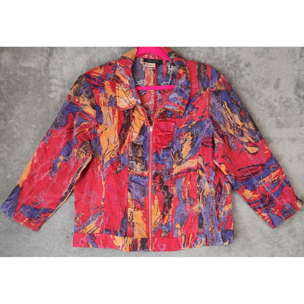 City Girl Nancy Bolen Jacket Womens XL Red Purple Abstract Painterly Zip Up